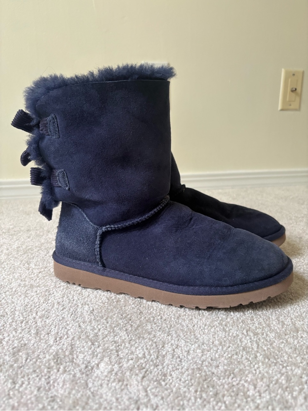 UGG Navy Suede Shearling Slippers with Back Bows